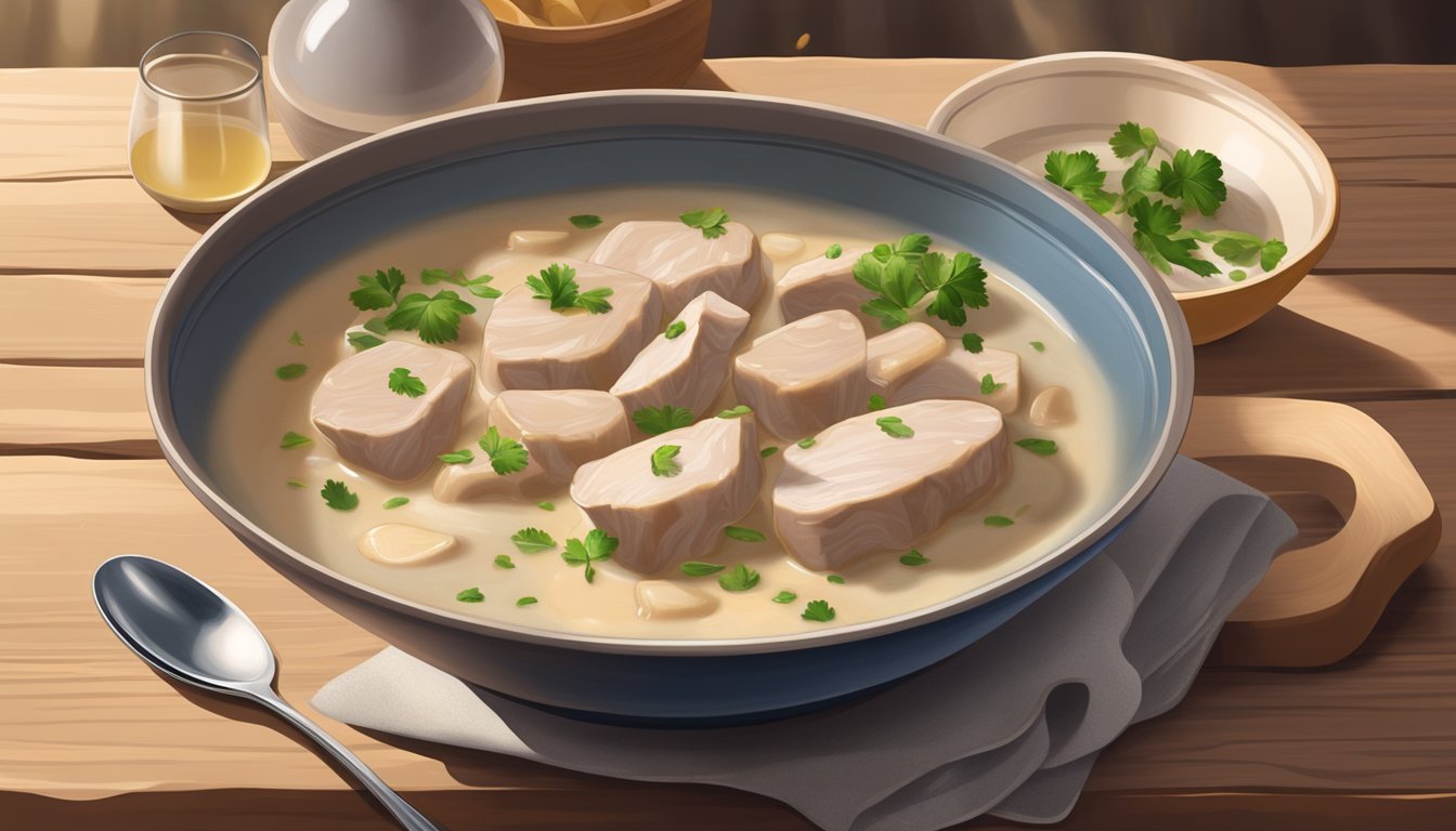 A steaming bowl of blanquette de veau sits on a rustic wooden table, surrounded by a soft glow of natural light. A spoon rests beside the bowl, ready to scoop up the tender veal and creamy sauce