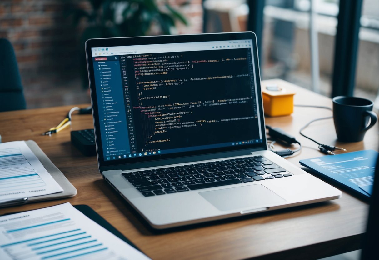 A laptop displaying Laravel code, surrounded by debugging tools and testing documentation
