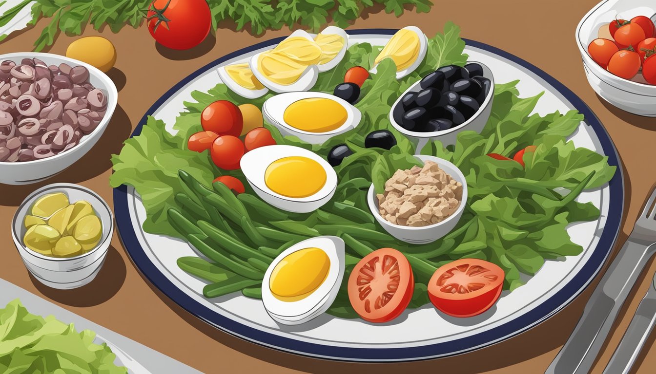 A table set with a colorful array of ingredients for salade niçoise, including tuna, green beans, boiled eggs, tomatoes, olives, and lettuce