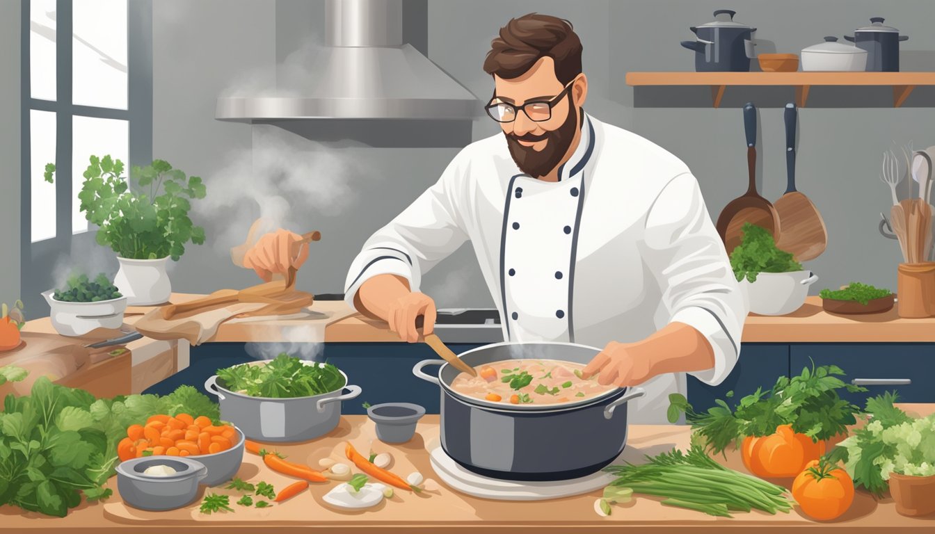 A chef stirring a pot of creamy veal stew on a stovetop, surrounded by fresh herbs, vegetables, and a simmering saucepan