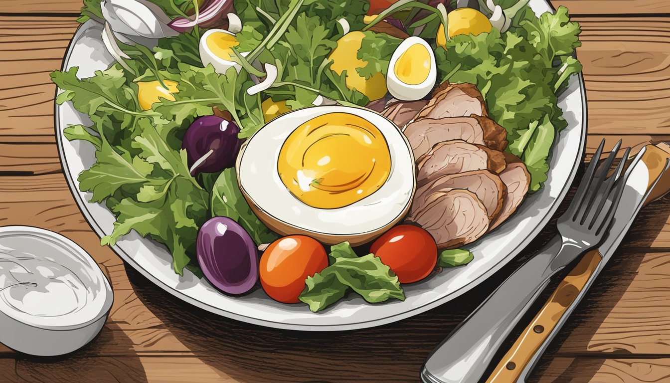 A bowl of salade niçoise sits on a wooden table, surrounded by fresh vegetables, a can of tuna, hard-boiled eggs, and a bottle of vinaigrette