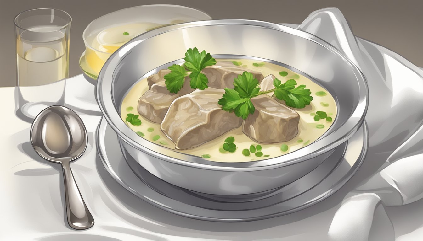 A table set with a steaming bowl of blanquette de veau, a spoon, and a napkin