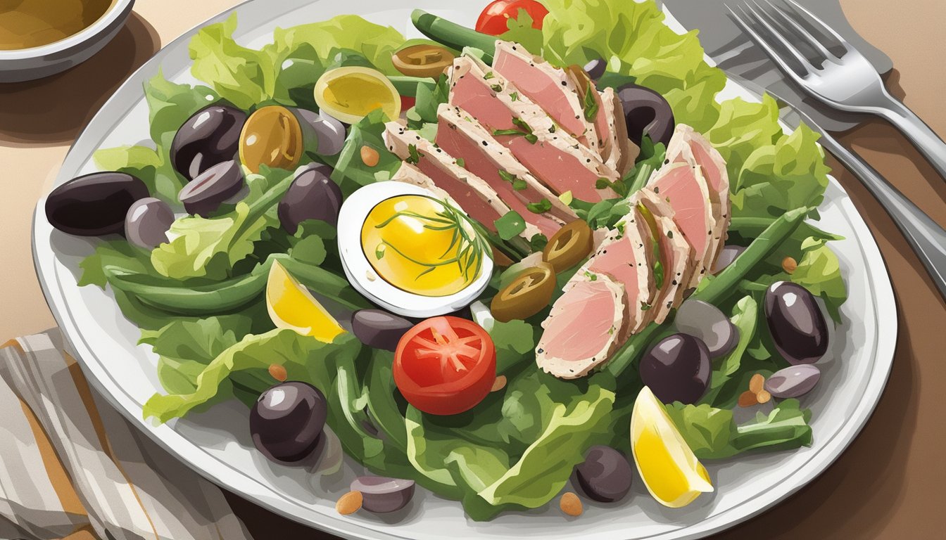 A plate of salade niçoise with tuna, olives, green beans, and tomatoes, served on a bed of lettuce, accompanied by a side of vinaigrette dressing