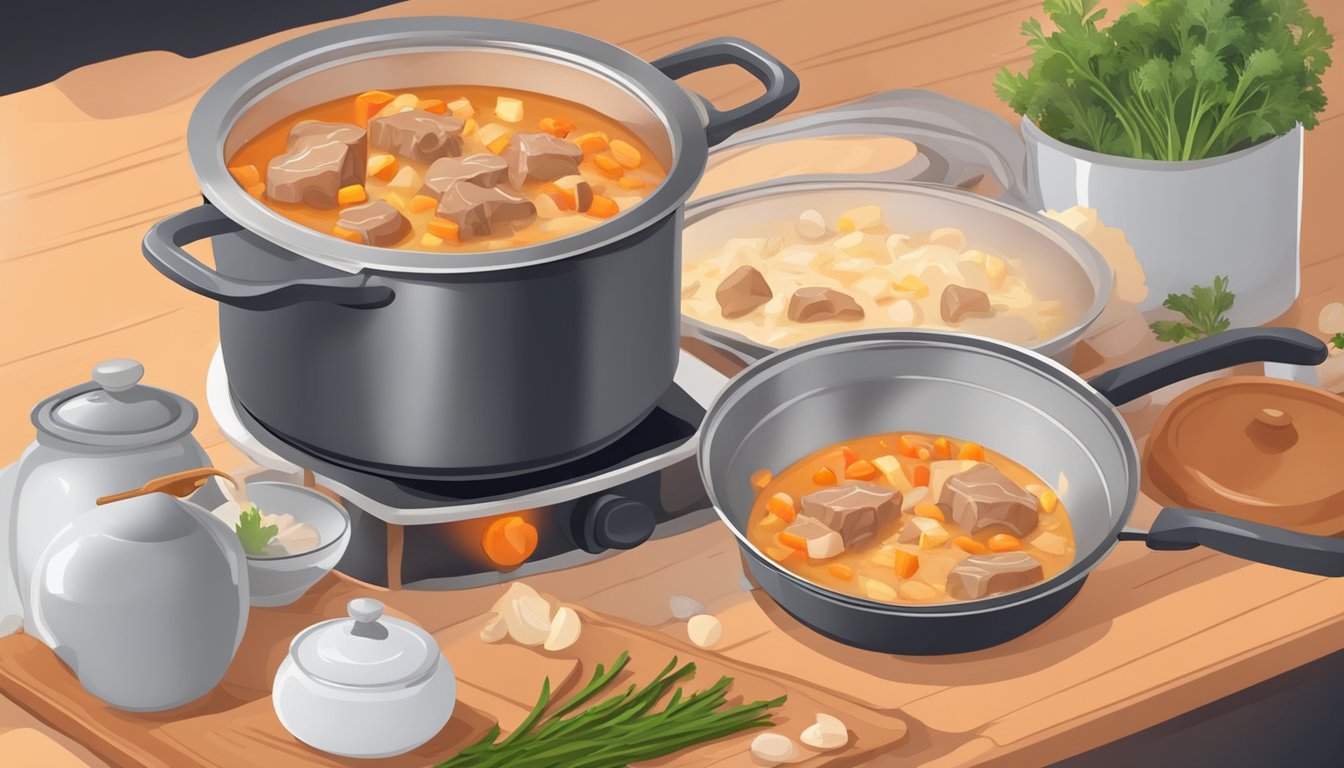 A pot simmering on a stove with chunks of veal, carrots, and onions in a creamy sauce. A wooden spoon stirs the mixture as steam rises from the pot