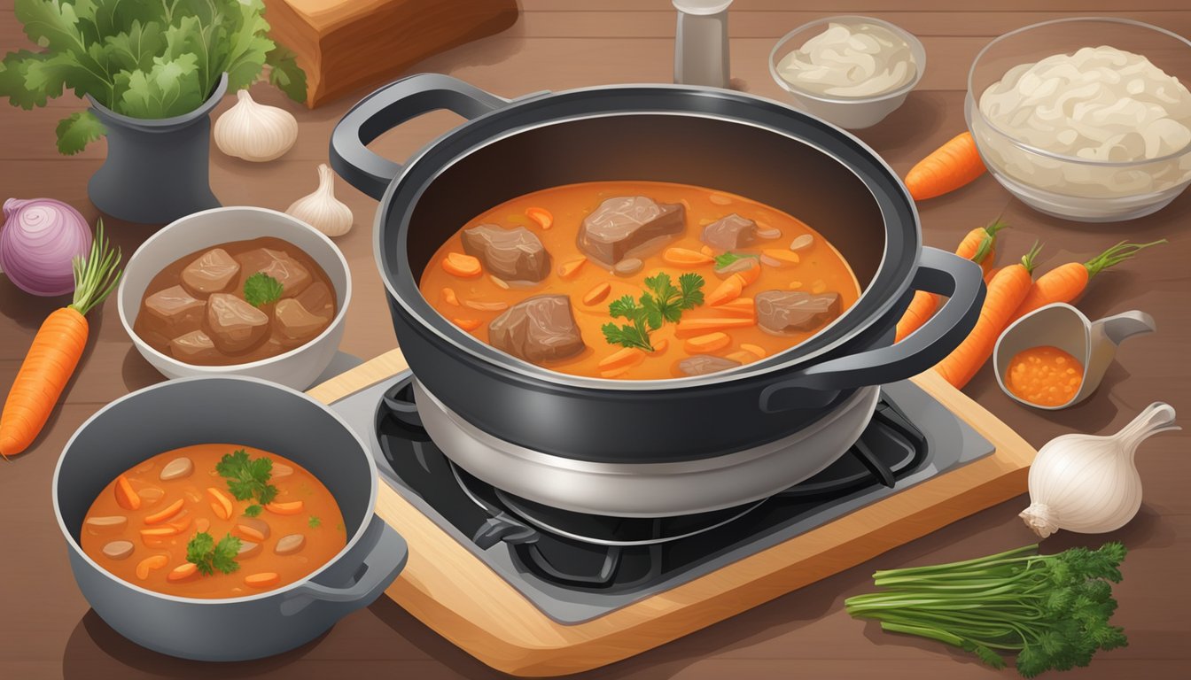 A pot of velvety sauce simmers on the stove, surrounded by ingredients like onions, carrots, and tender veal