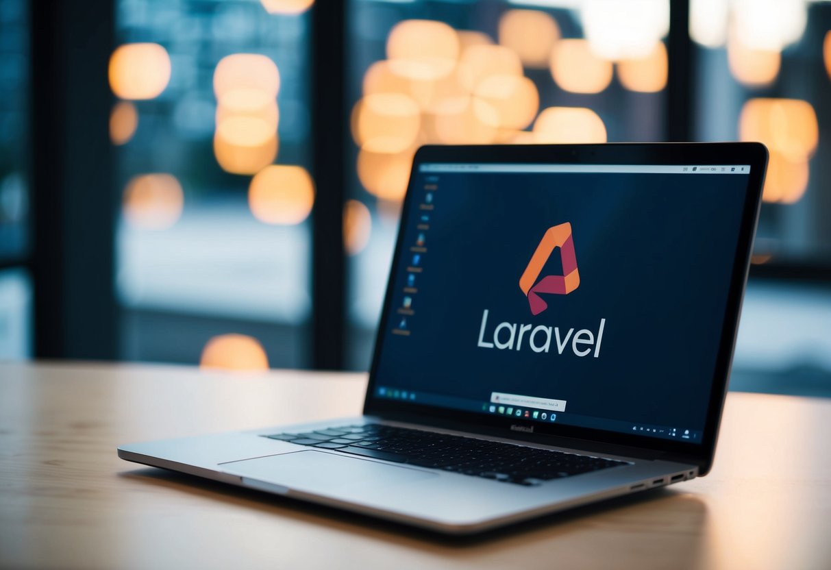 A laptop displaying a code editor with the Laravel logo in the background
