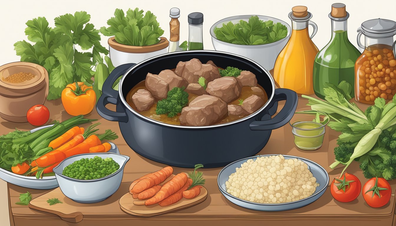 A table set with ingredients for navarin d'agneau, including lamb, vegetables, herbs, and a pot for cooking