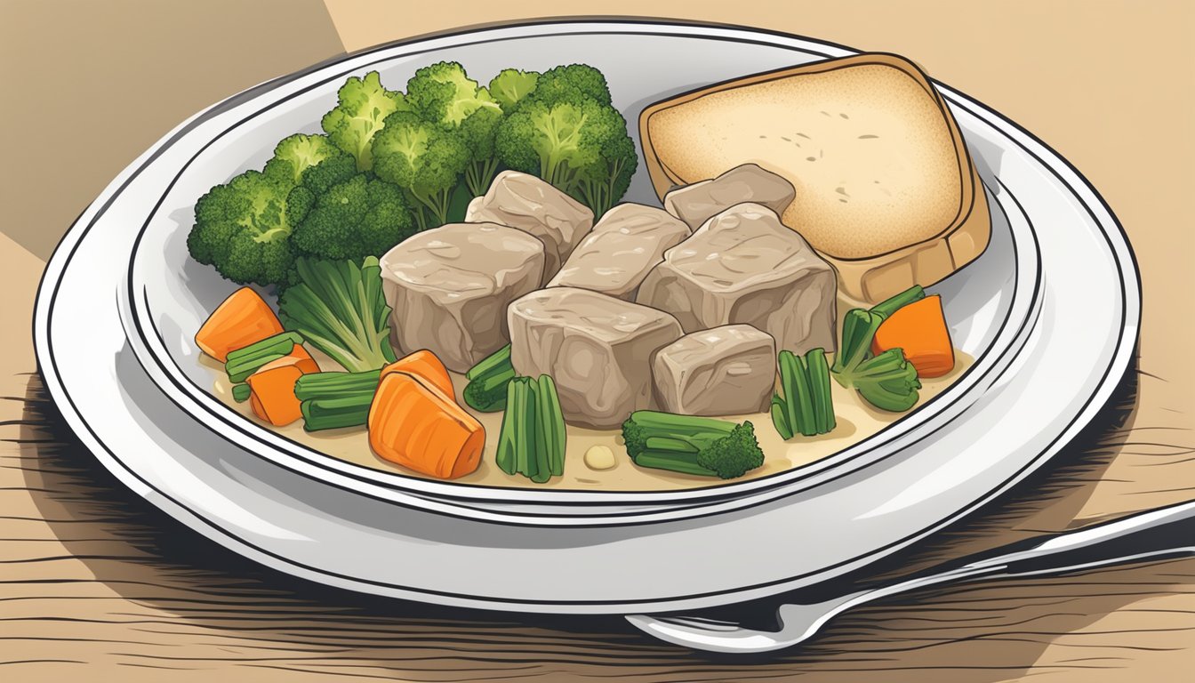 A bowl of blanquette de veau with a side of steamed vegetables and a slice of crusty bread on a white plate