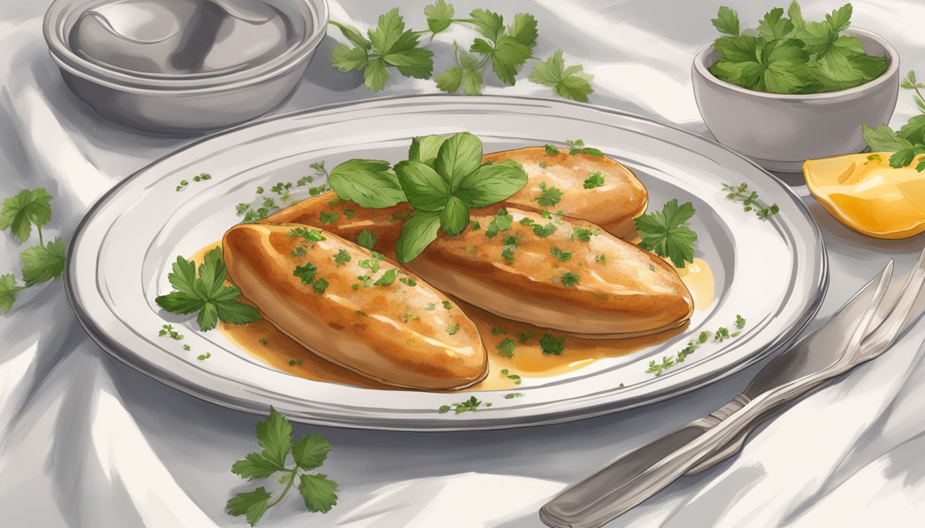 A plate of quenelles de brochet sits atop a white tablecloth, garnished with fresh herbs and surrounded by a delicate sauce