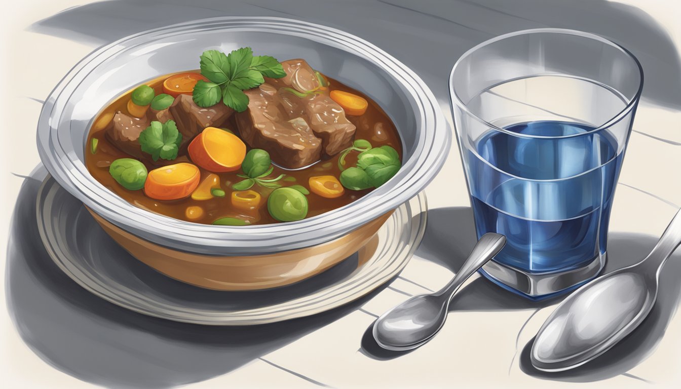 A table set with a bowl of navarin d'agneau, a spoon, and a glass of water