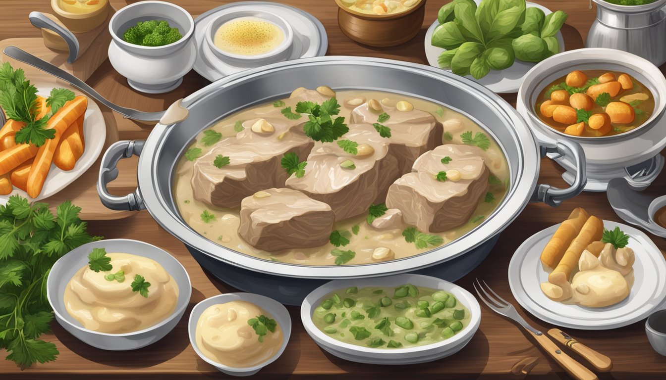 A table set with a steaming dish of blanquette de veau, surrounded by a variety of utensils and condiments