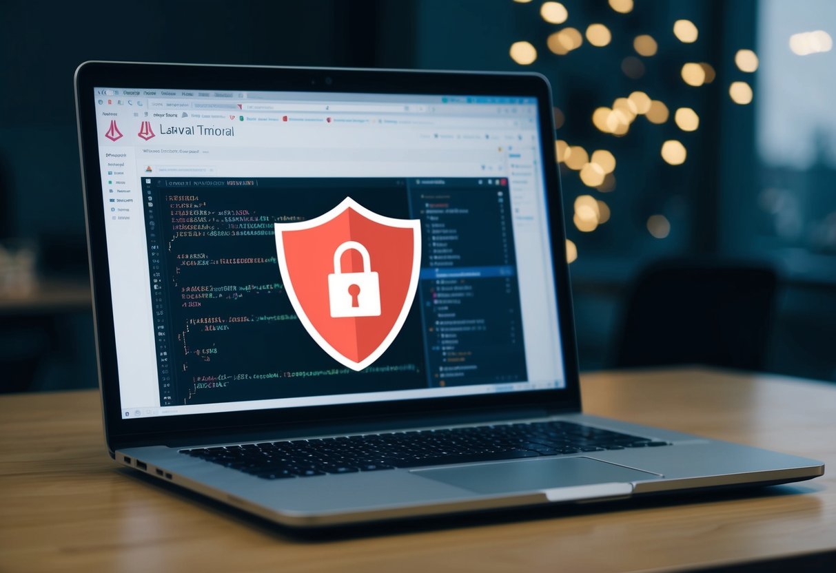 A laptop displaying a Laravel coding tutorial with a lock icon and a shield symbol in the background