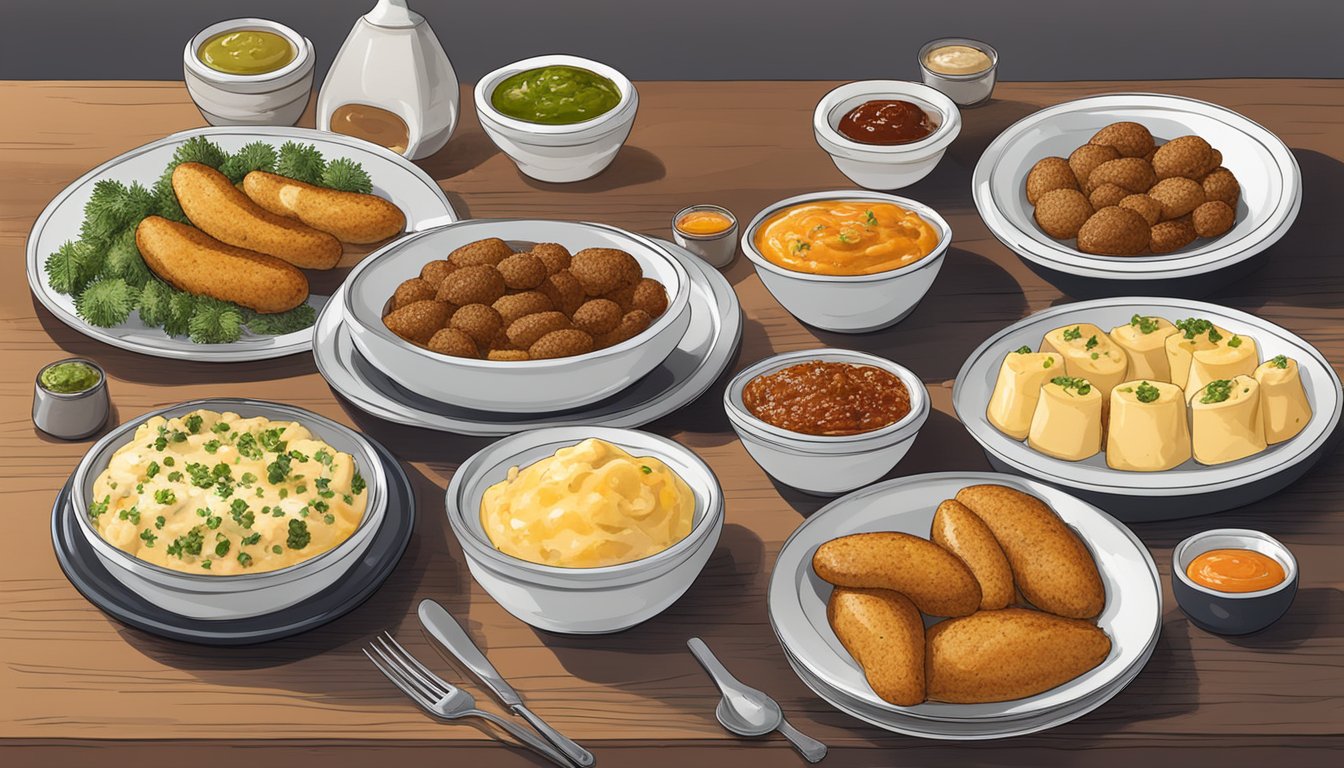 A plate with quenelles de brochet surrounded by small bowls of various sauces and accompaniments