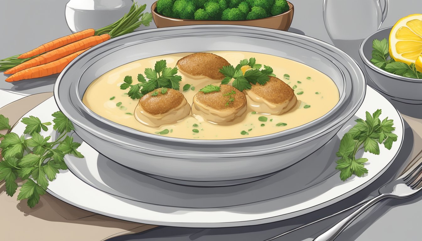 A plate holds three quenelles de brochet in a pool of creamy sauce, garnished with fresh herbs and a slice of lemon, accompanied by a side of steamed vegetables