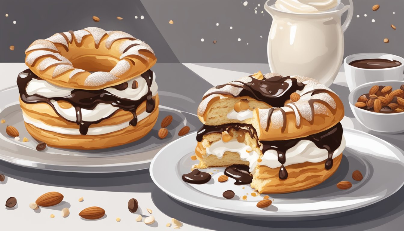 A Paris-Brest pastry on a white plate with a dollop of cream and a sprinkle of almonds, surrounded by a scattering of hazelnuts and a drizzle of chocolate sauce