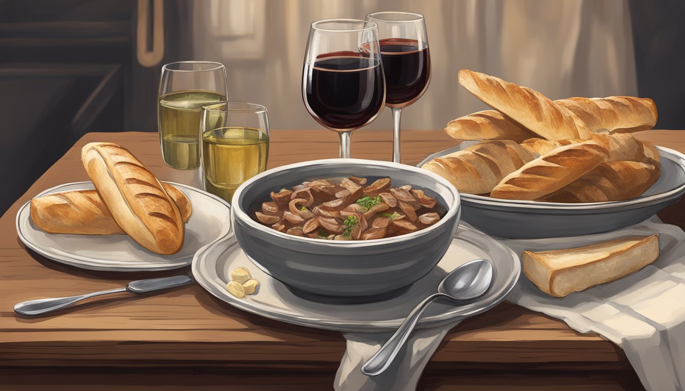 A rustic French kitchen table set with a steaming bowl of tripes à la mode de Caen, accompanied by a crusty baguette and a glass of red wine