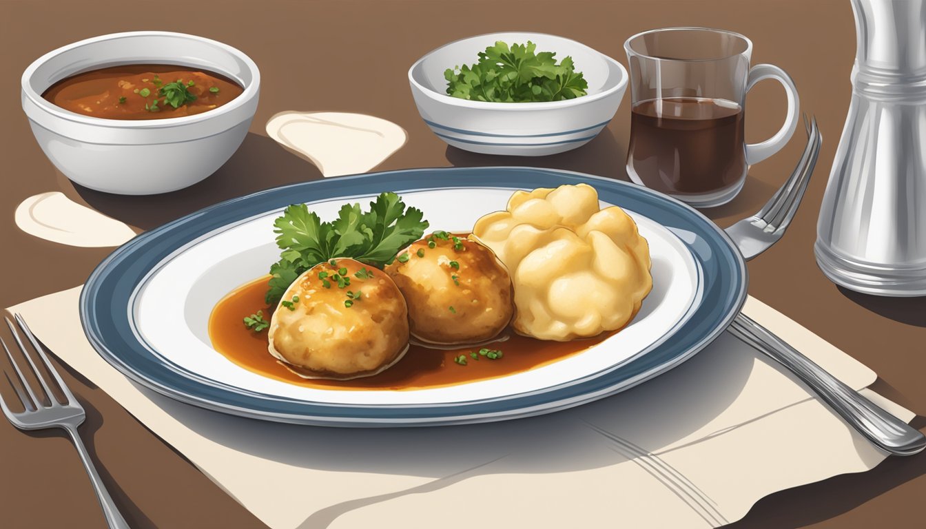 A plate of quenelles de brochet sits on a table with a side of sauce and garnish. A fork is poised to cut into the delicate fish dumpling