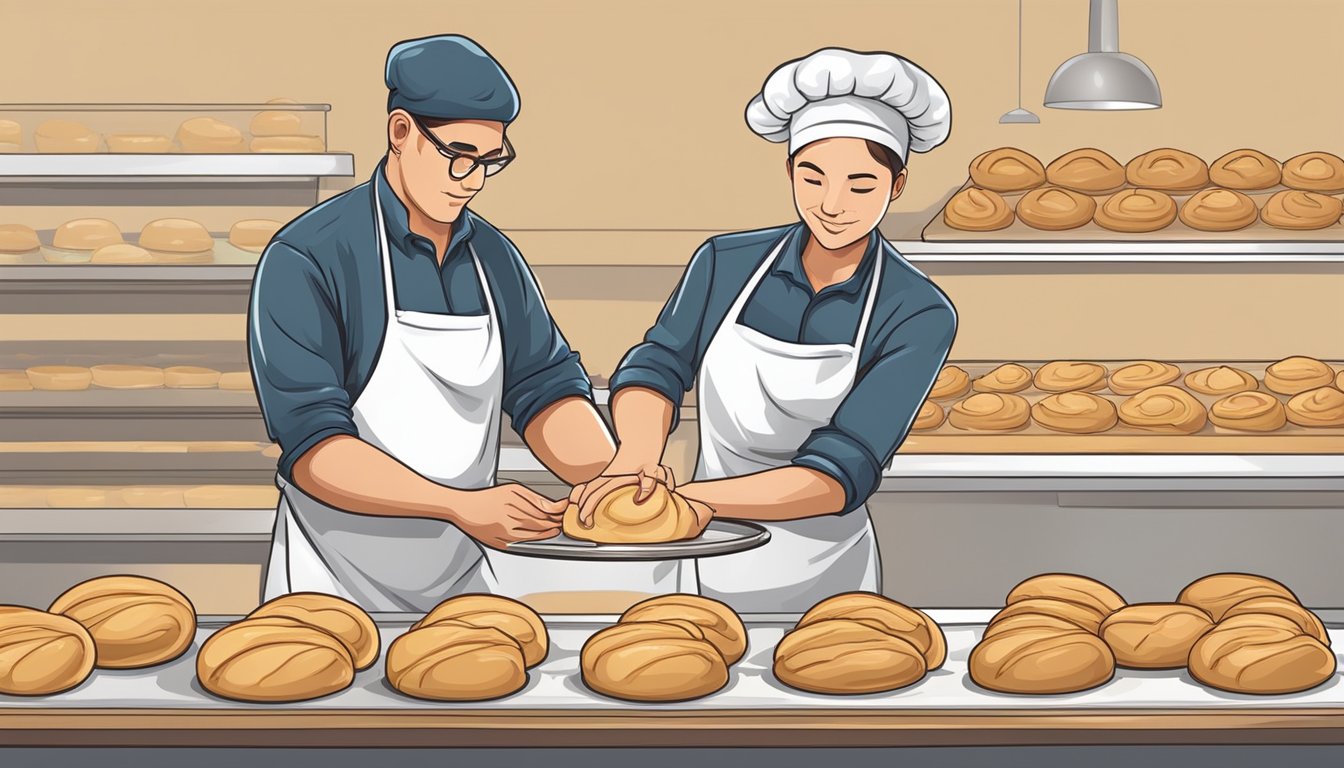 A baker prepares choux pastry dough, filling and shaping it into a circular ring