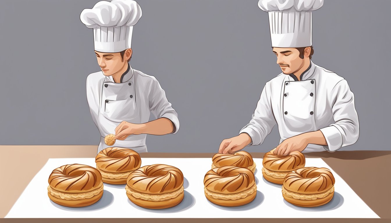 A pastry chef pipes praline filling into a Paris-Brest pastry