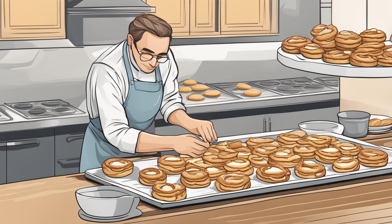 A baker assembles a Paris-Brest pastry, filling it with cream and topping it with sliced almonds