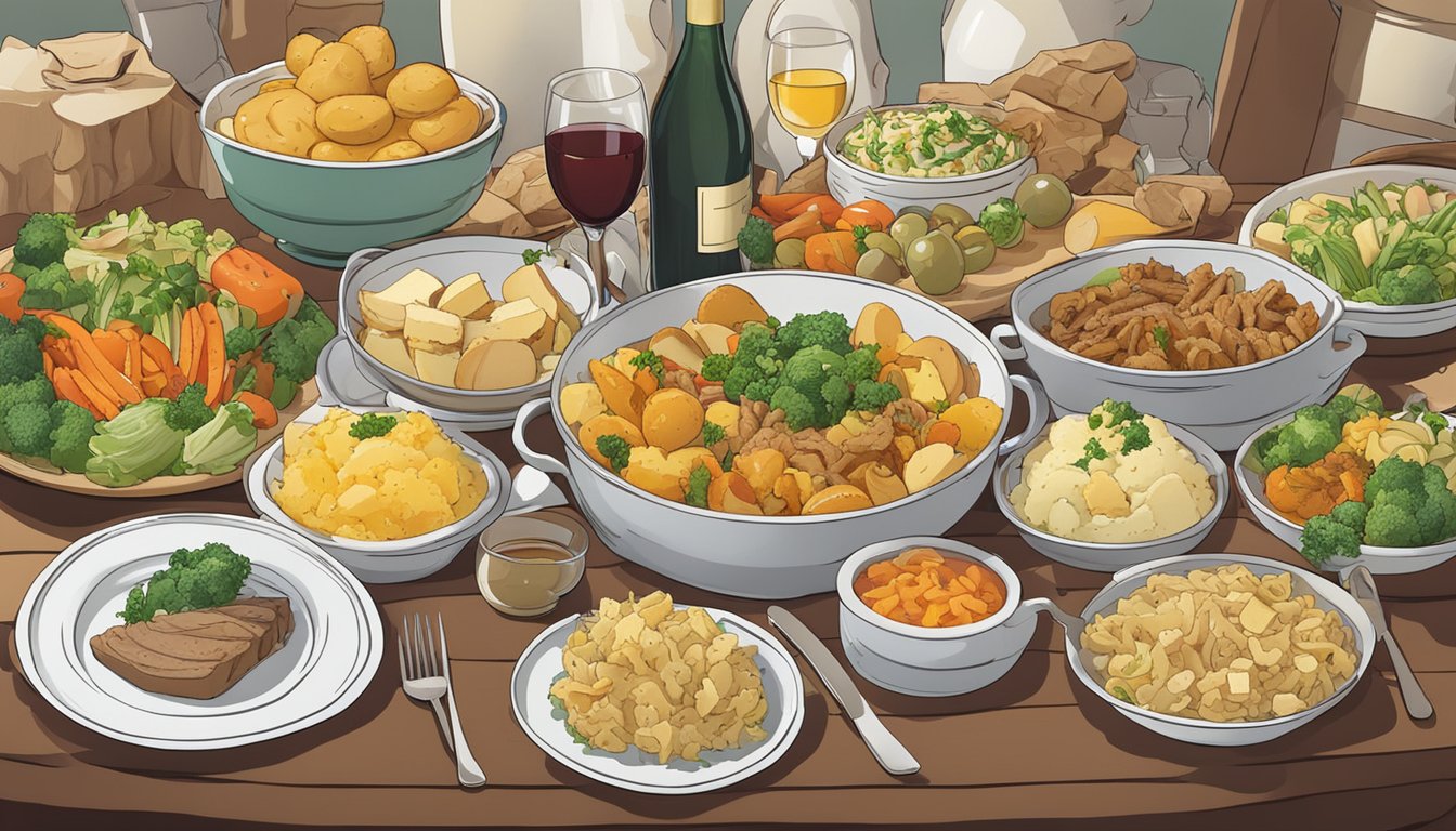 A plate of tripes à la mode de Caen surrounded by a colorful array of side dishes and accompaniments, such as potatoes, vegetables, and a glass of wine