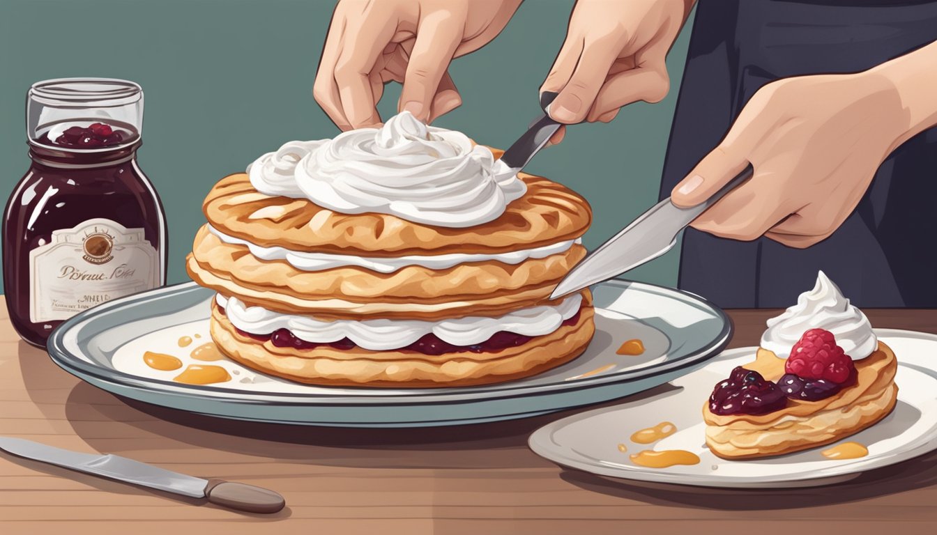 A person slicing a Paris-Brest pastry with a knife on a plate, with a jar of jam and a dollop of whipped cream nearby