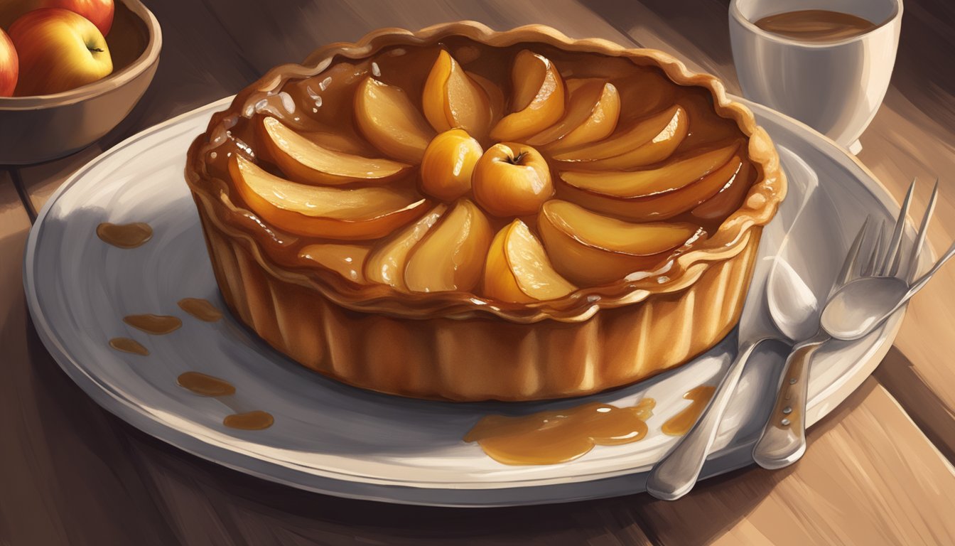 A golden-brown tarte Tatin sits on a rustic, fluted dish, topped with caramelized apples and a buttery, flaky crust. A dollop of whipped cream adorns the side