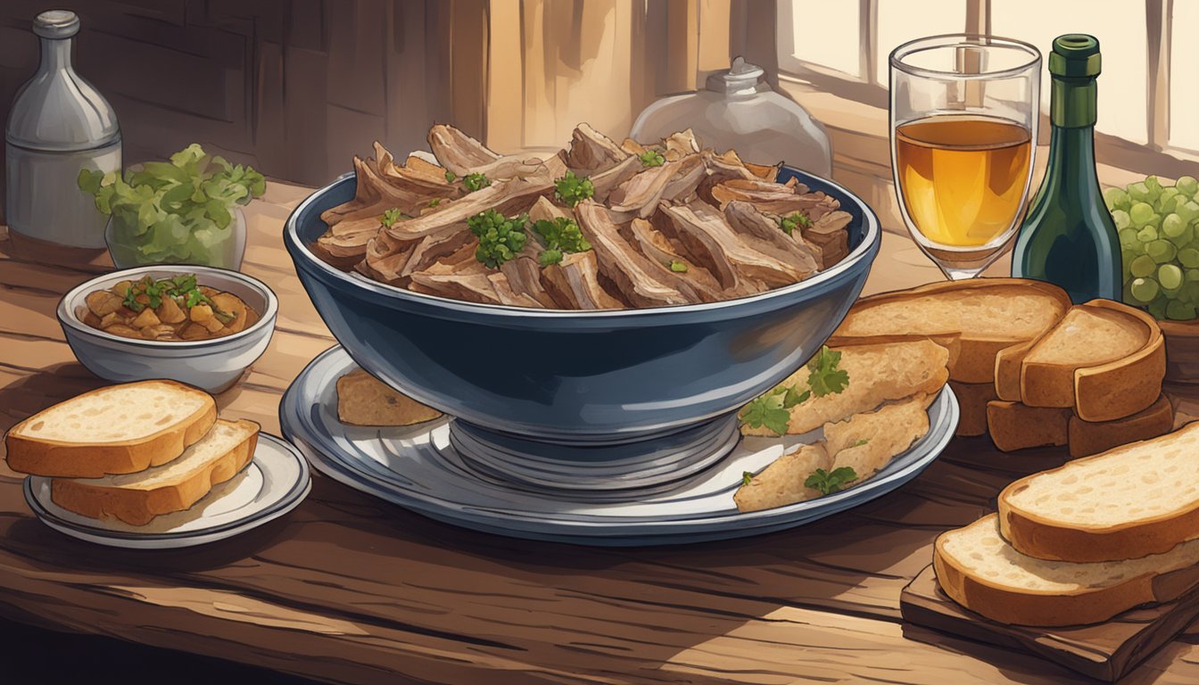 A steaming bowl of Tripes à la Mode de Caen sits on a rustic wooden table, surrounded by crusty bread and a glass of red wine