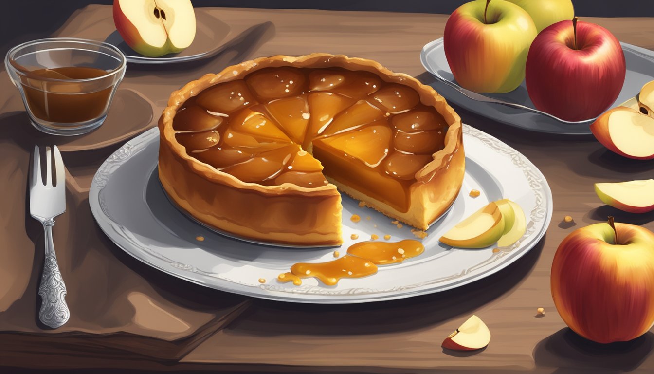 A table with a golden-brown tarte Tatin surrounded by apples, caramel, and a dusting of powdered sugar, with a knife and fork nearby