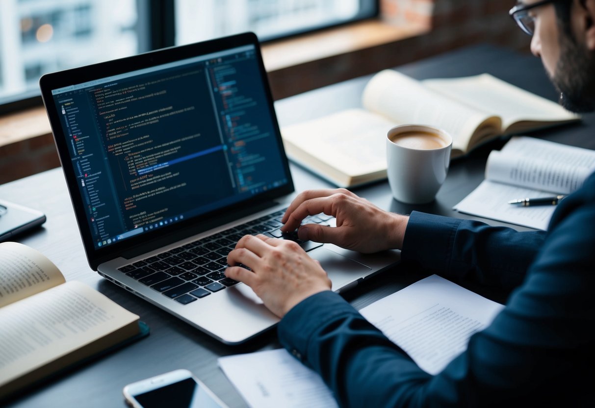 A developer writing code on a laptop, surrounded by open books and papers, with a cup of coffee and a smartphone on the desk
