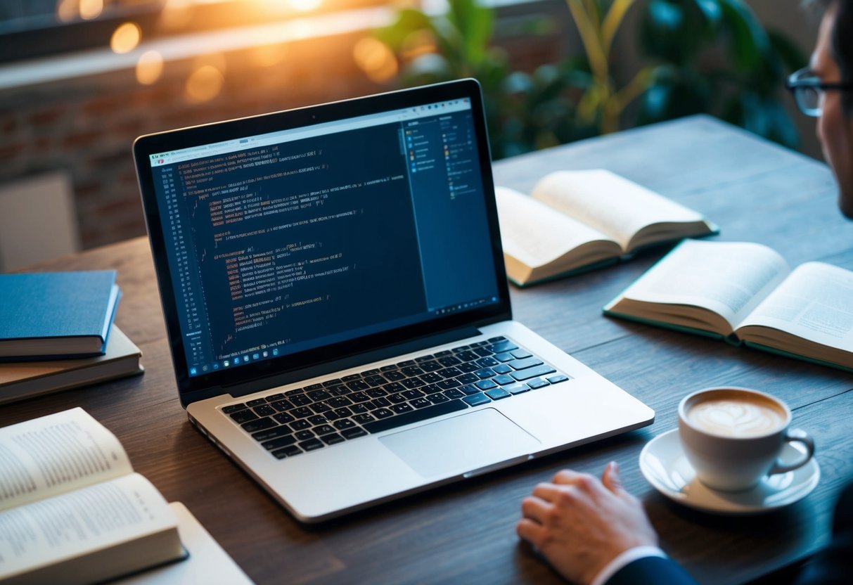 A laptop displaying code for a Laravel app, surrounded by open books on web development and design, with a cup of coffee nearby