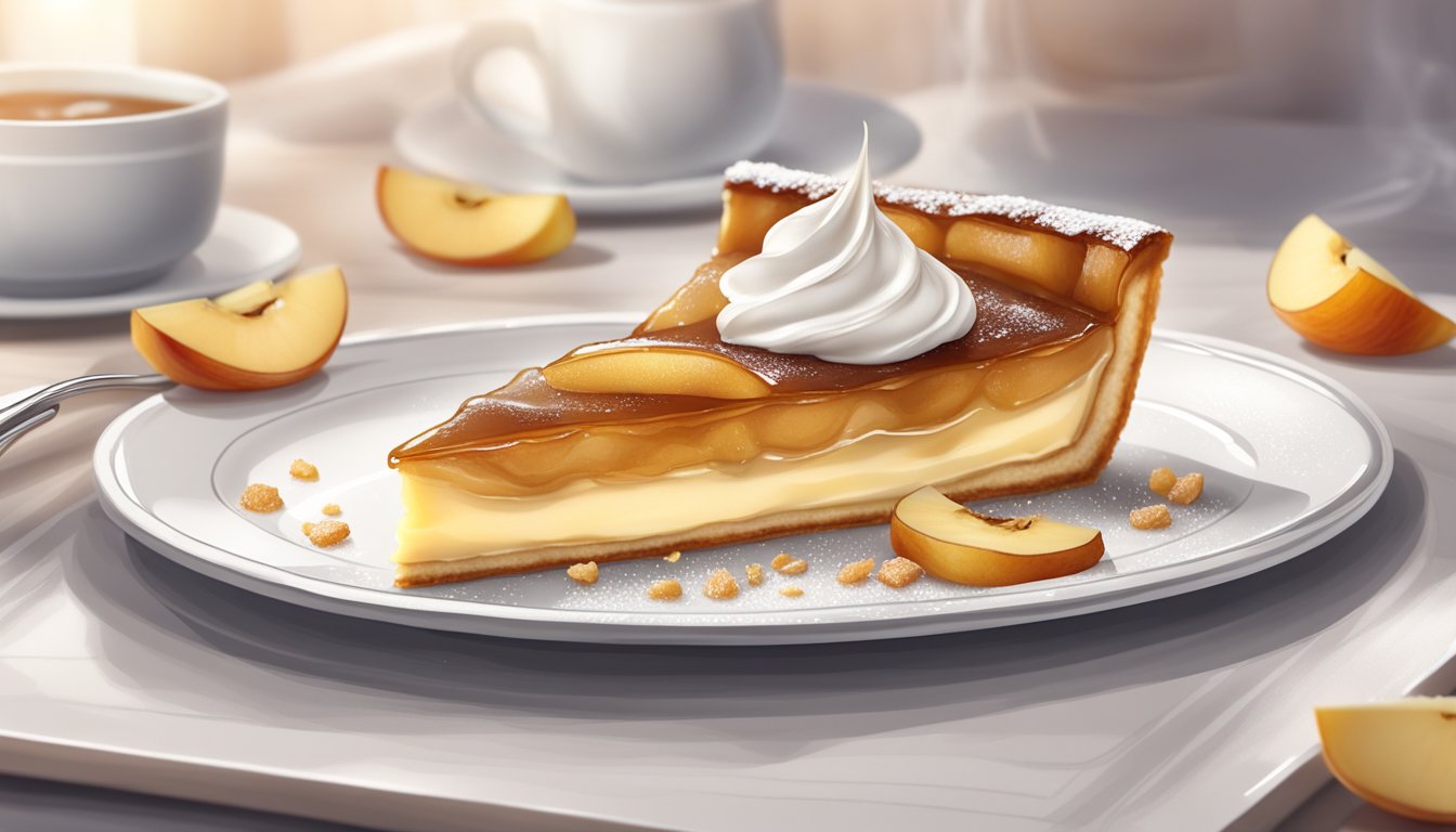 A slice of tarte Tatin on a white plate with a dollop of cream, surrounded by caramelized apple slices and a sprinkle of powdered sugar