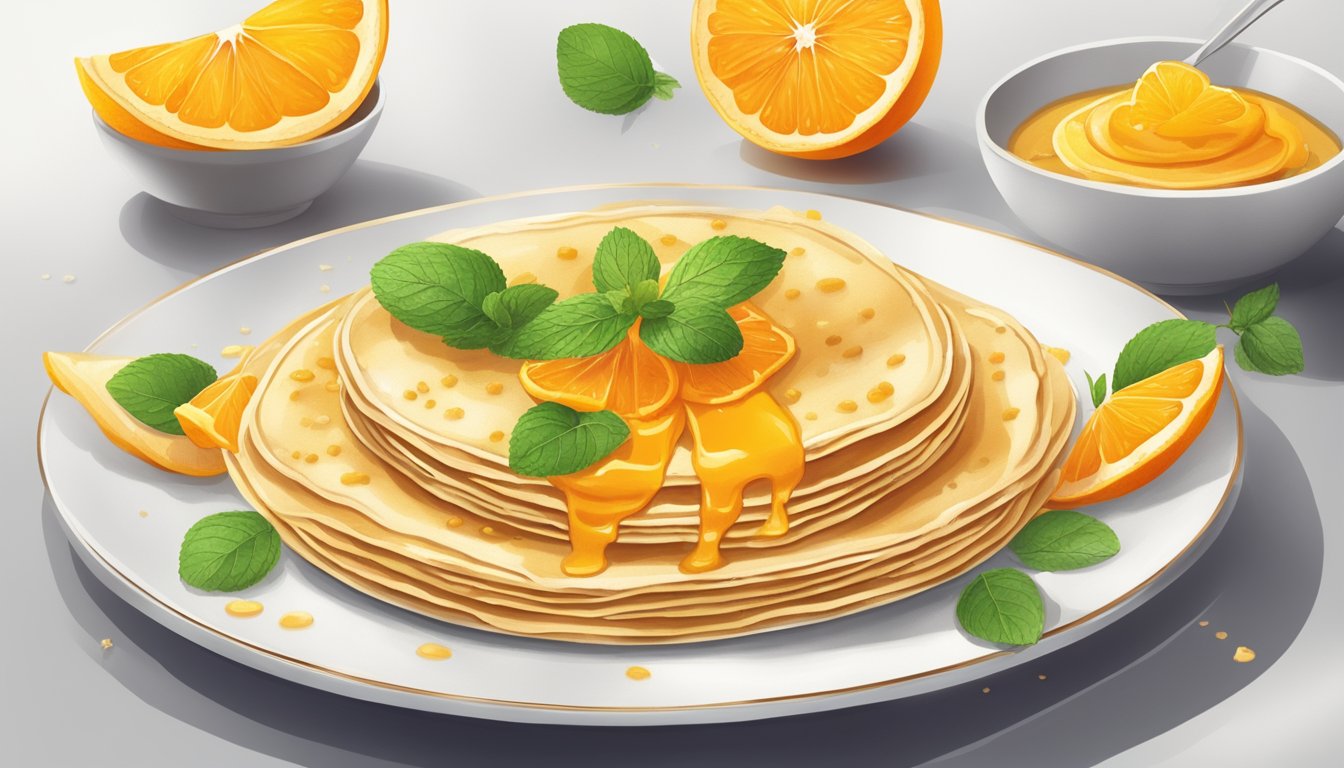 A table set with a plate of delicate crêpes Suzette, topped with a warm, citrus-infused sauce, surrounded by a scattering of fresh orange zest and a sprig of mint