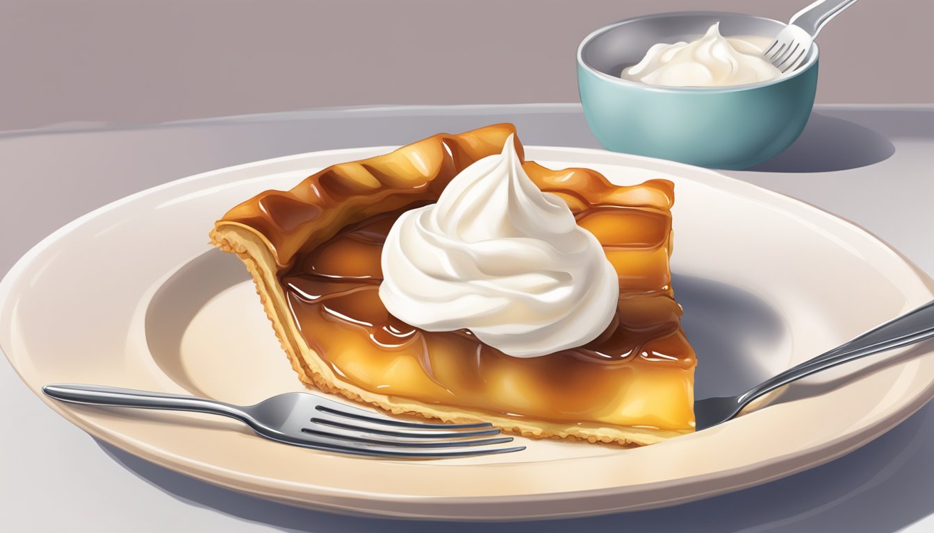 A slice of tarte Tatin being lifted with a fork, revealing caramelized apples and a buttery pastry crust. A dollop of whipped cream sits on the side