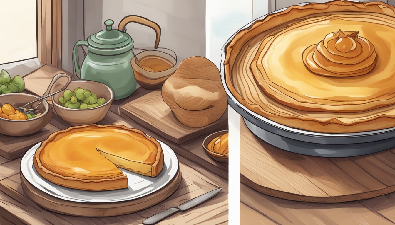 A rustic kitchen table with a freshly baked tarte Tatin made from scratch on one side, and a store-bought pre-made version on the other