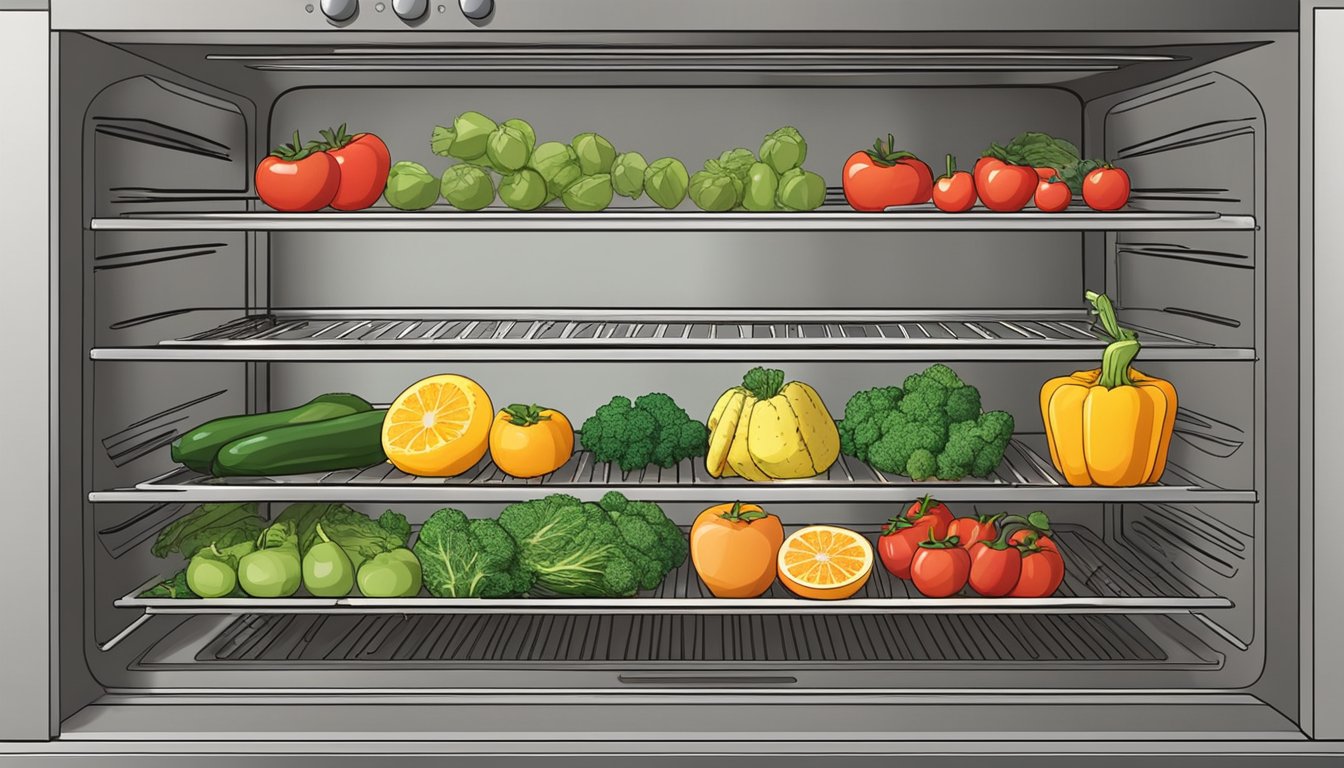 A tray of sliced fruits and vegetables placed on wire racks inside a hot oven. A thermometer shows the temperature set for dehydration