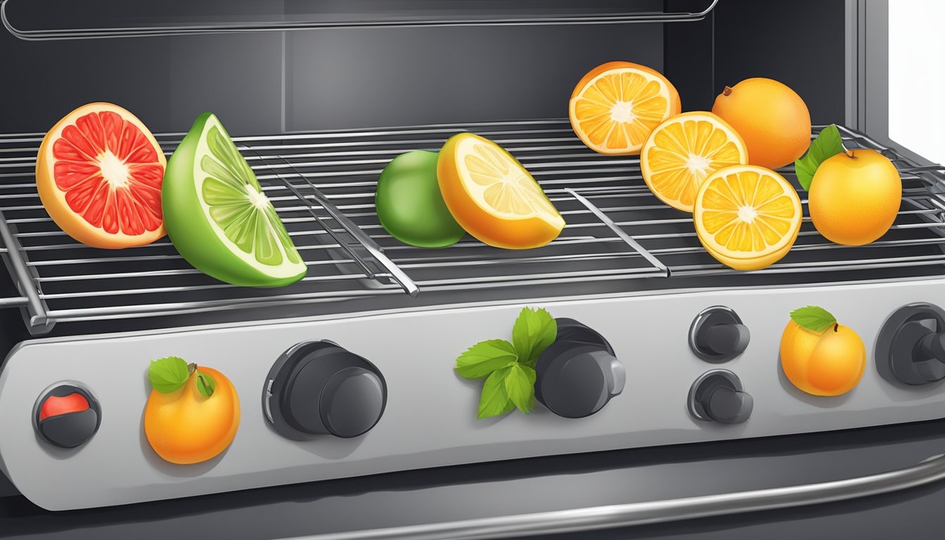 Fresh fruit slices arranged on wire racks inside a warm oven. Timer set. Aromatic scent fills the kitchen as moisture evaporates