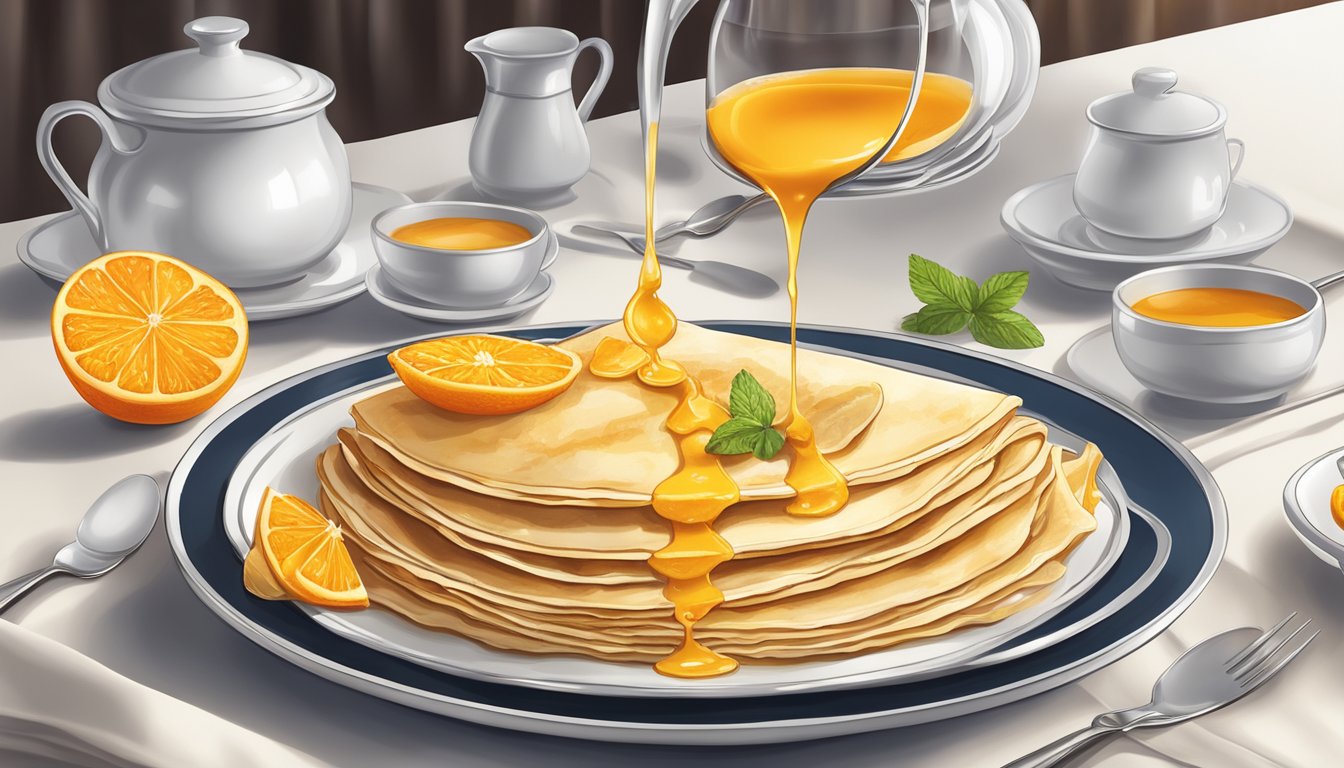 A plate of crêpes Suzette being drizzled with warm orange-flavored sauce at a table set with elegant cutlery and a decorative centerpiece