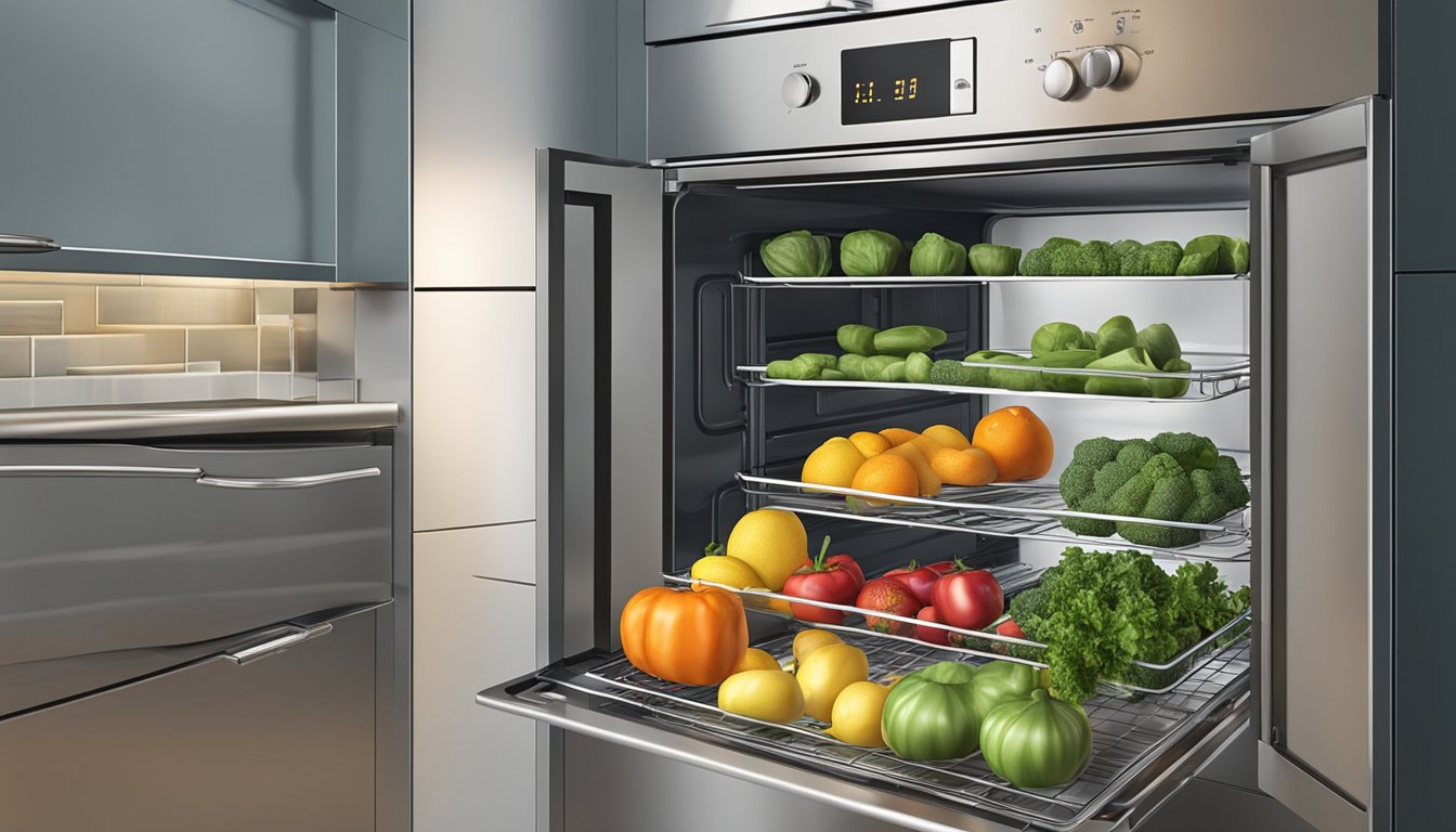 Fresh fruits and vegetables laid out on wire racks inside a standard kitchen oven, with the oven door slightly ajar