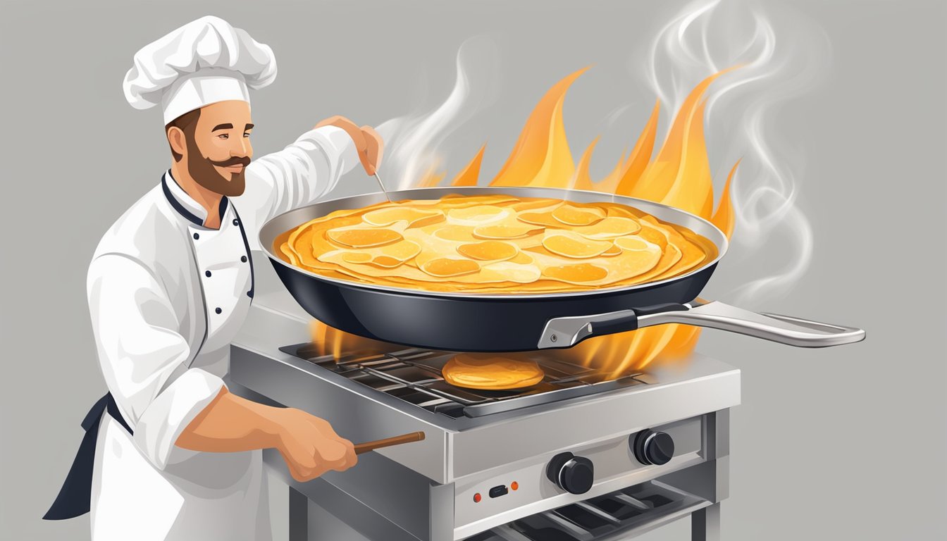 A chef expertly flambees crêpes Suzette in a sizzling pan, filling the air with a sweet, citrusy aroma