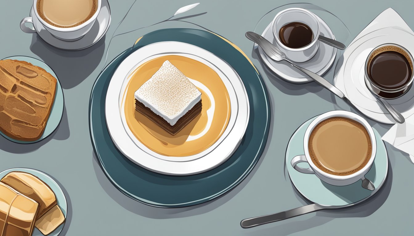 A fork piercing a slice of Saint-Honoré, lifting it from a plate. A cup of coffee sits nearby