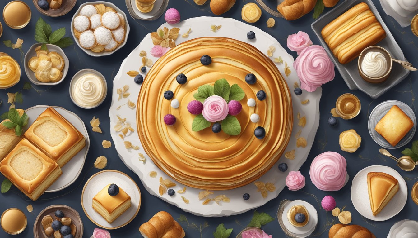 A top-down view of a beautifully arranged Saint-Honoré cake, surrounded by a variety of ingredients such as puff pastry, choux pastry, cream, and caramelized sugar