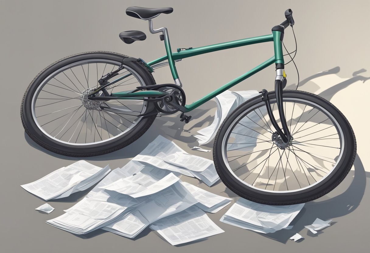 A broken bicycle lies on the ground, its front wheel bent and handlebars twisted. A scattering of papers and a dropped backpack suggest a sudden departure