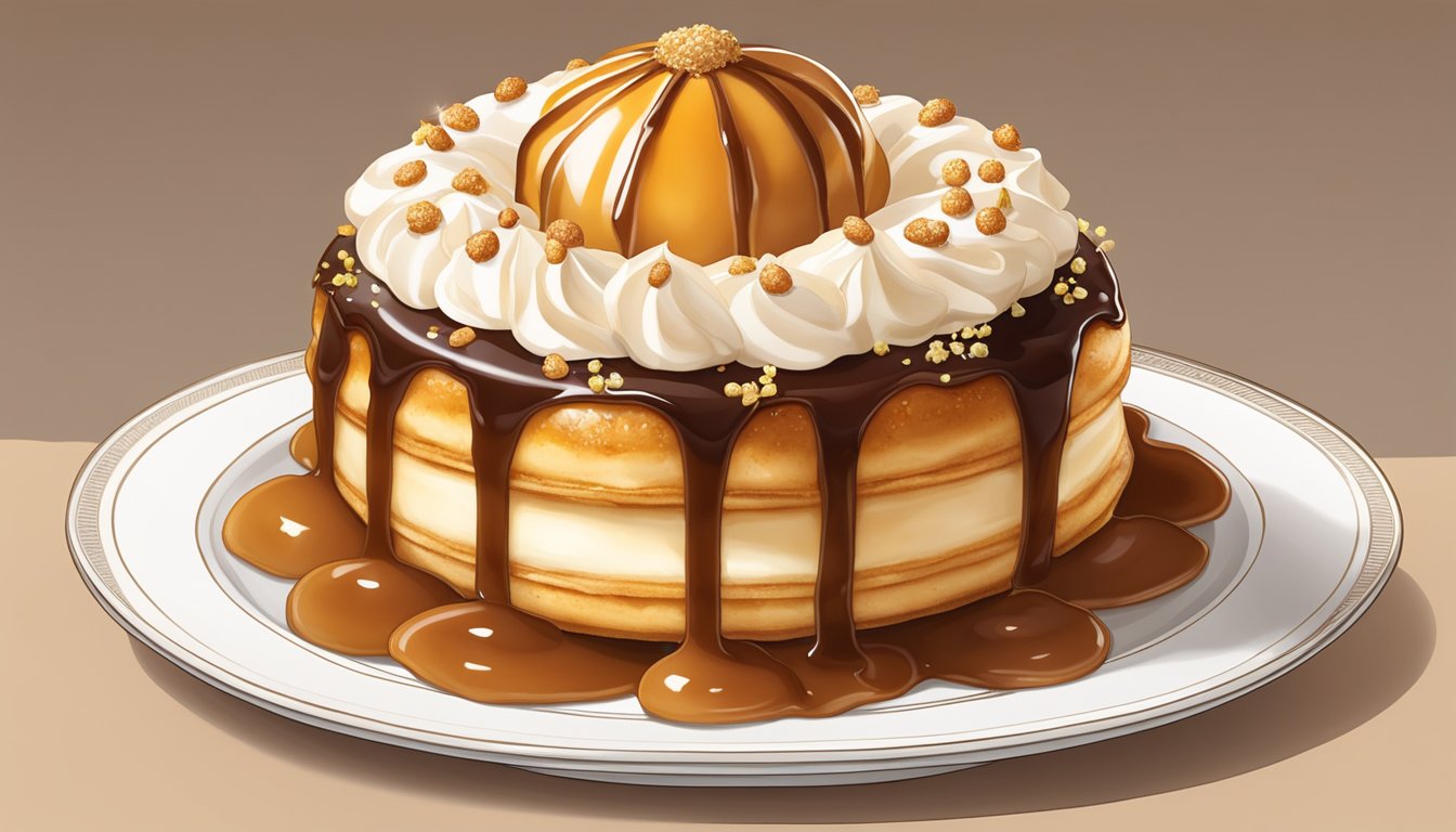 A Saint-Honoré pastry sits on a delicate plate, adorned with caramelized cream puffs and a glossy caramel glaze