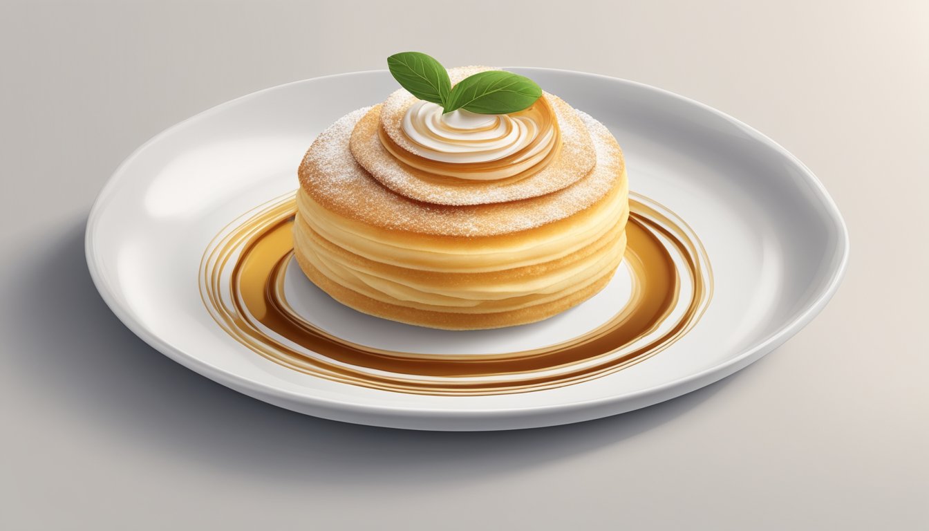 A top-down view of a neatly plated Saint-Honoré dessert on a white porcelain dish, with layers of puff pastry, cream, and caramelized sugar