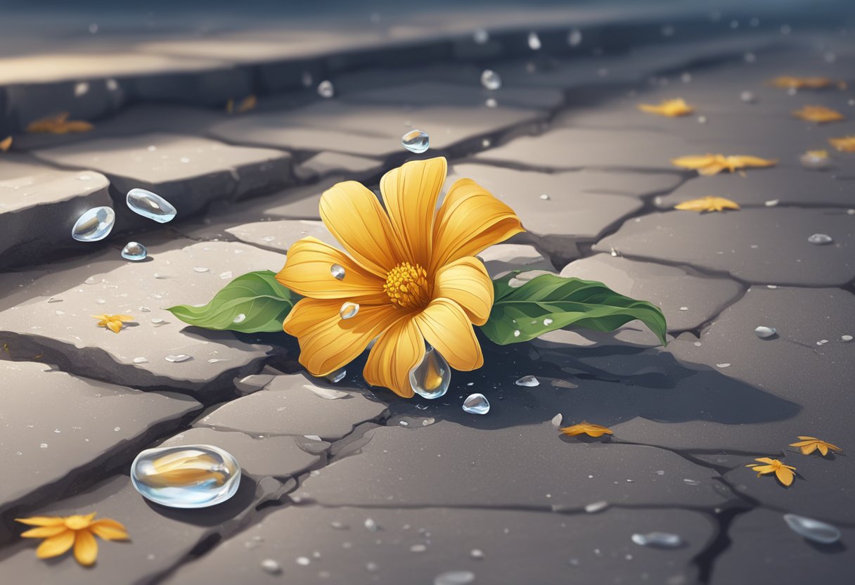 A wilted flower lying on a cracked sidewalk, surrounded by scattered petals and a single tear-shaped dewdrop