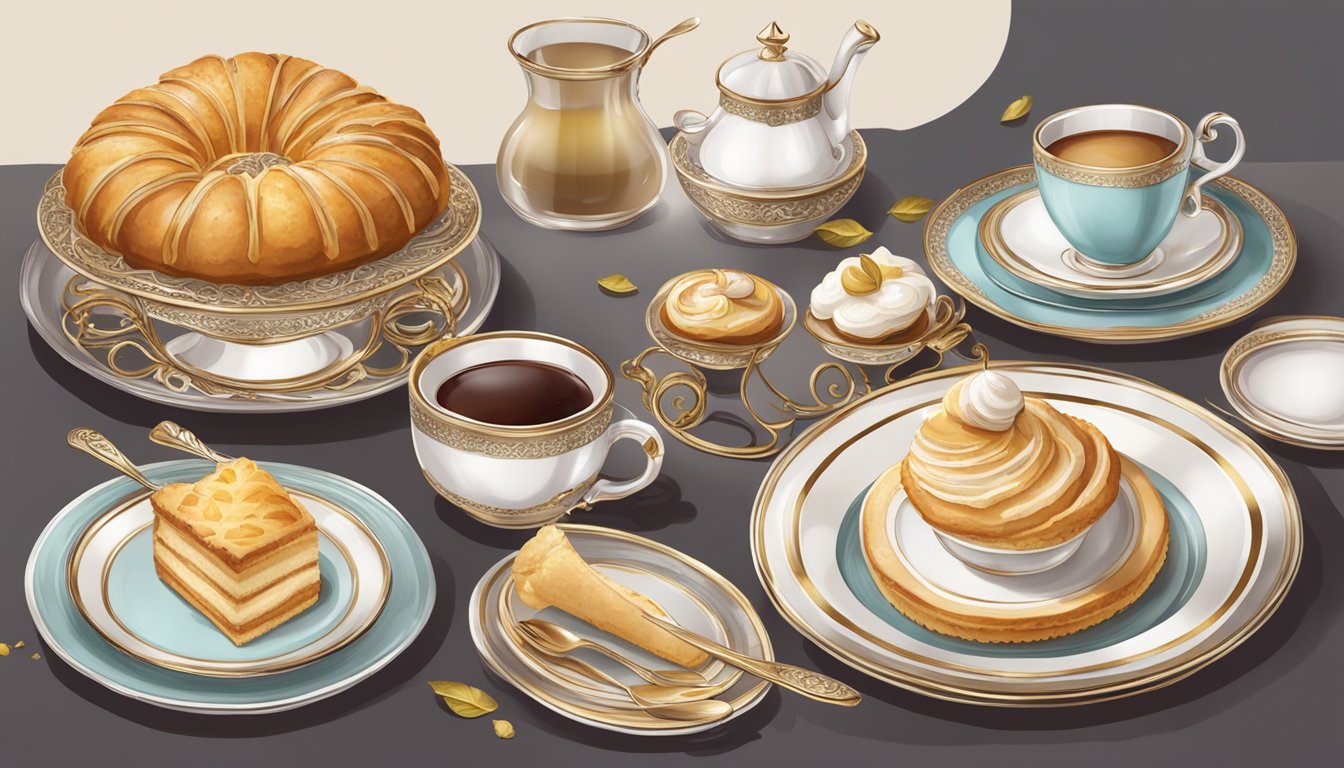 A table set with a delicate, decadent saint-honoré pastry surrounded by a selection of elegant utensils and a cup of steaming tea