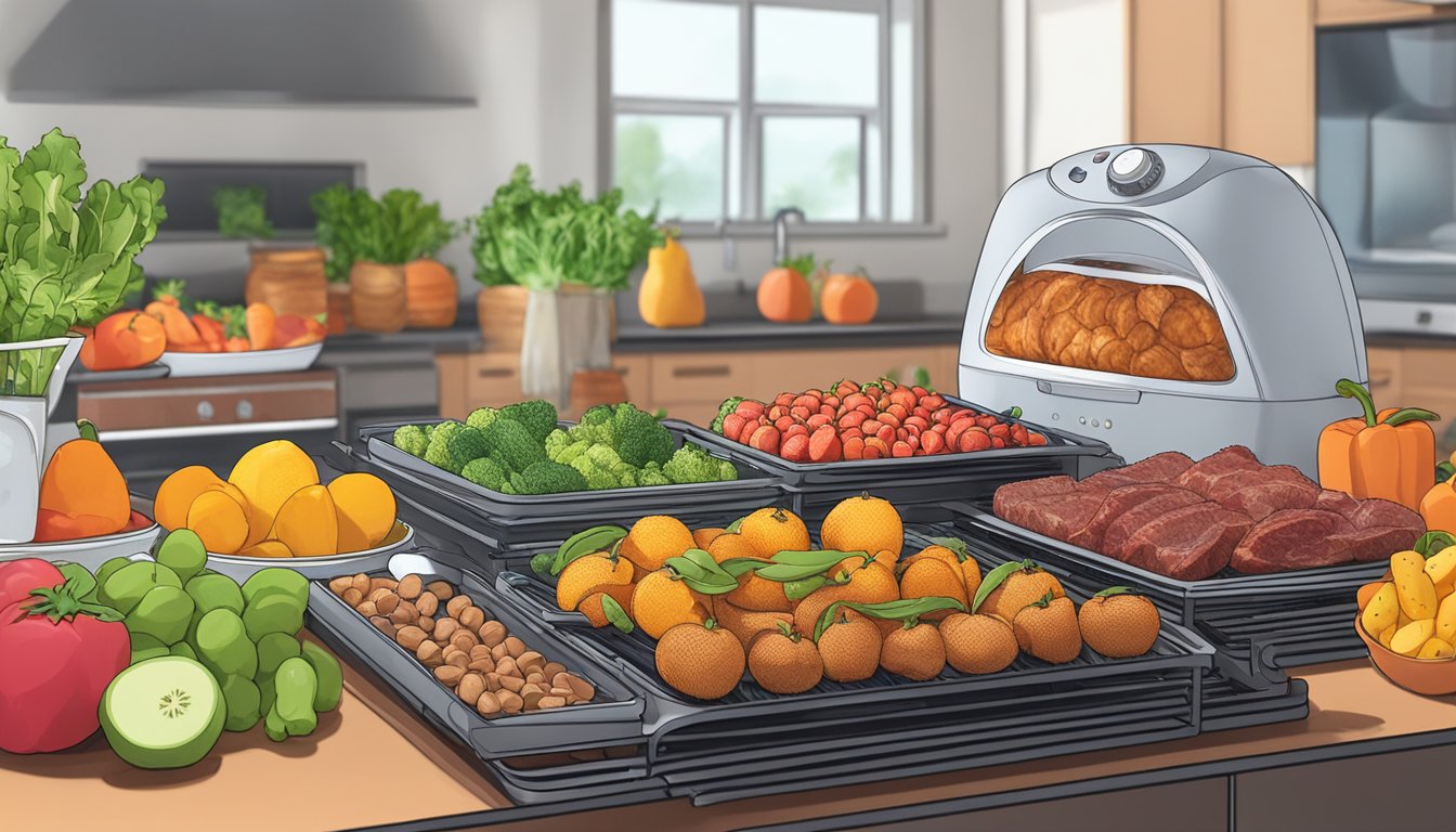 A variety of fruits, vegetables, and meats laid out on a dehydrator tray, with an air fryer in the background