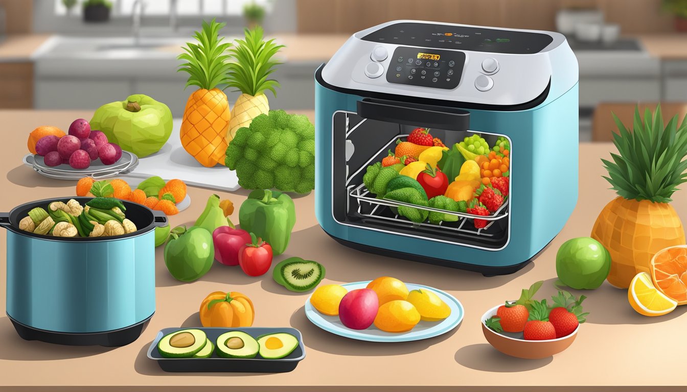 Assorted fruits and vegetables arranged on trays inside an air fryer, with the appliance set to the dehydrate function