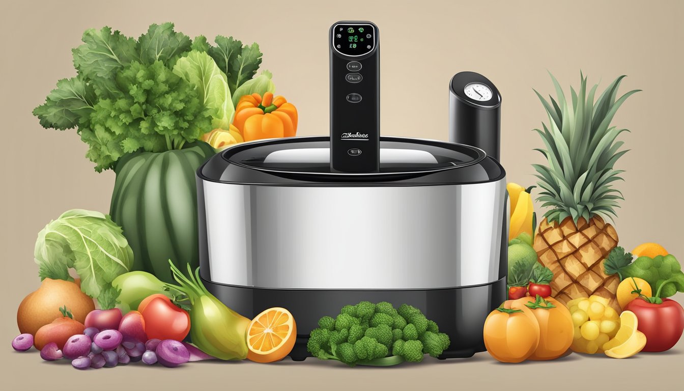 Fresh fruits and vegetables arranged around an air fryer, with the machine set to the appropriate temperature and timer